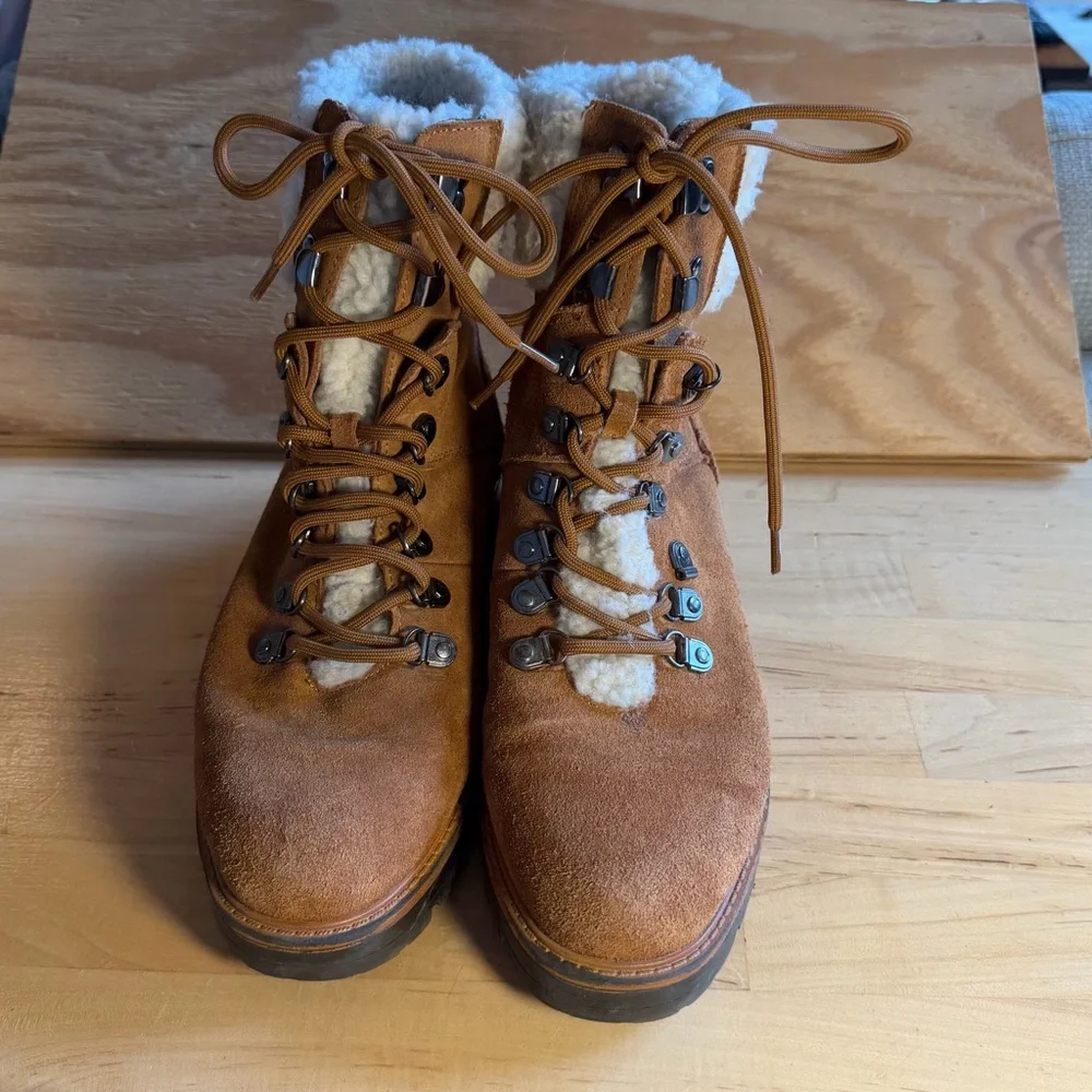 Marc Fisher 9 Suede leather faux shearling lace up stack heel winter boots moto